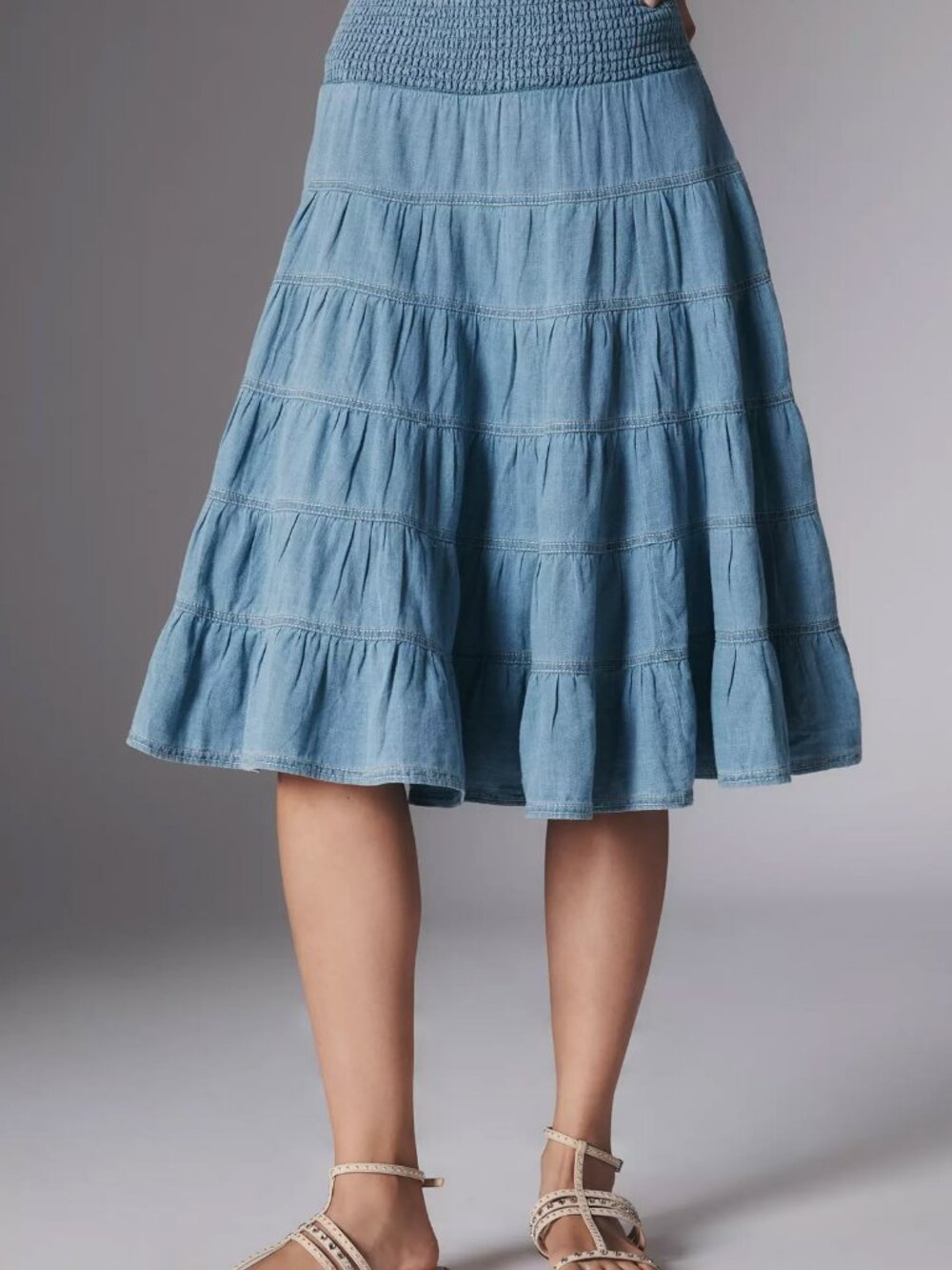 100% COTTON!!!Anthropologie Smocked Denim Midi Skirt - Picture 4 of 5